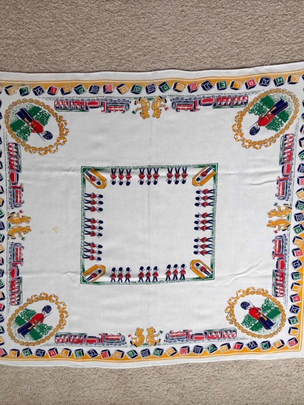 Vintage commemorative Prince Charles birth tablecloth blocks toy soldiers